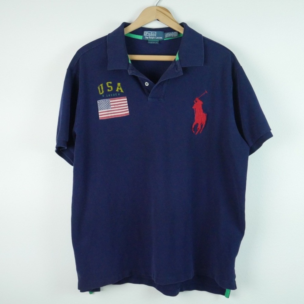 Polo Ralph Lauren Mens XXL Big Pony USA Flag Polo Shirt Navy Blue Custom Fit